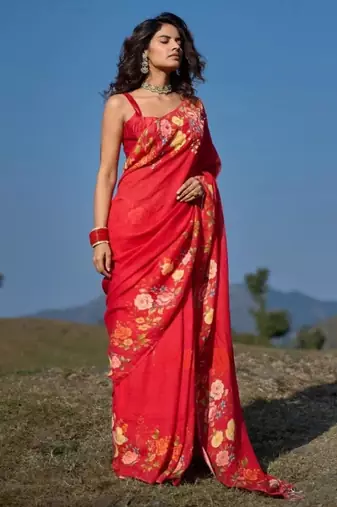 Red floral printed linen cotton saree with unstitched blouse
