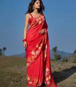 Red floral printed linen cotton saree with unstitched blouse