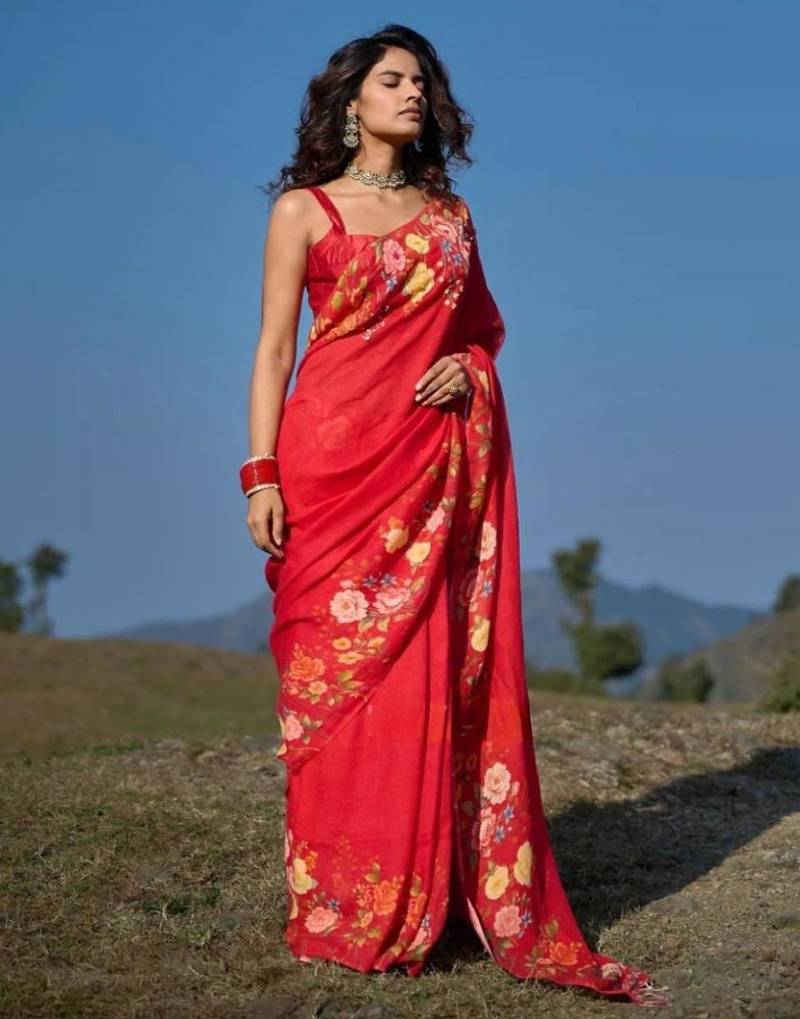 Red floral printed linen cotton saree with unstitched blouse