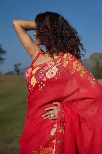 Red floral printed linen cotton saree with unstitched blouse