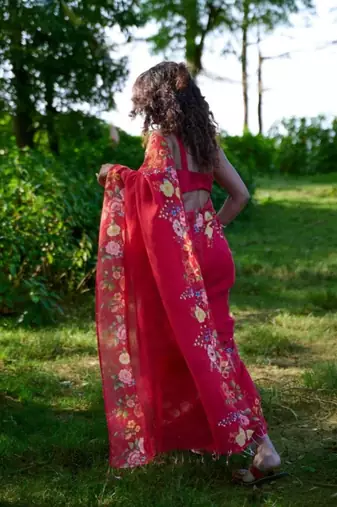 Red floral printed linen cotton saree with unstitched blouse