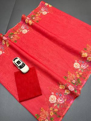 Red floral printed linen cotton saree with unstitched blouse 4