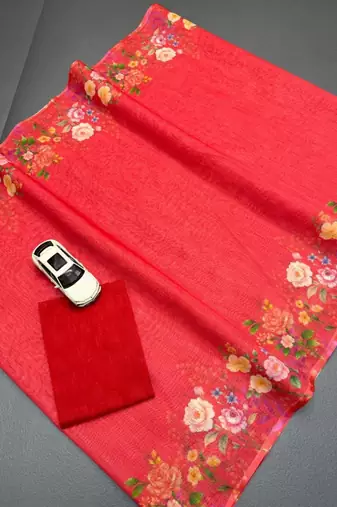 Red floral printed linen cotton saree with unstitched blouse