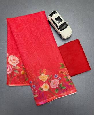 Red floral printed linen cotton saree with unstitched blouse 5