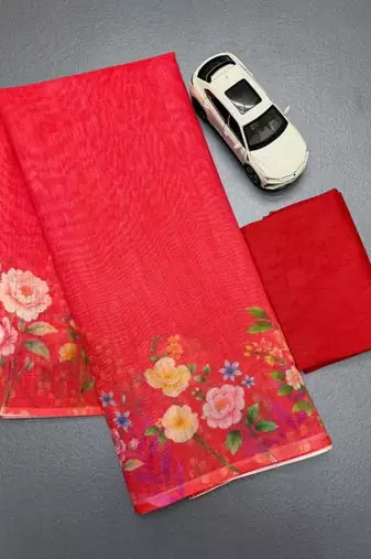 Red floral printed linen cotton saree with unstitched blouse