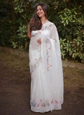 White floral printed linen cotton saree 1