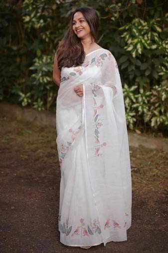 White floral printed linen cotton saree