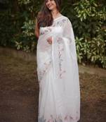 White floral printed linen cotton saree