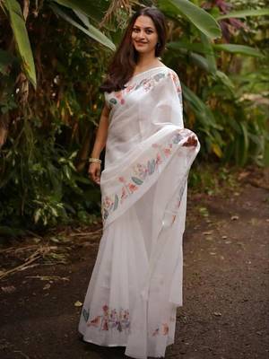 White floral printed linen cotton saree 2
