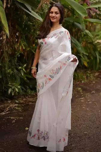 White floral printed linen cotton saree