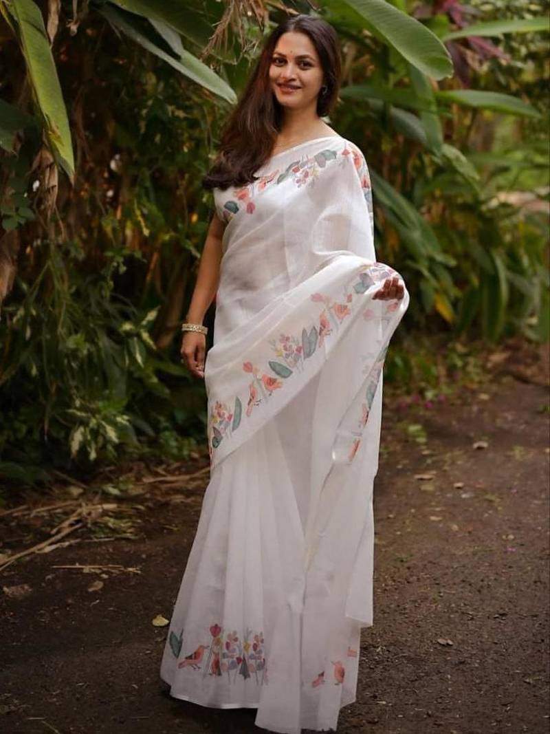 White floral printed linen cotton saree