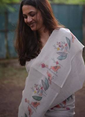 White floral printed linen cotton saree 3
