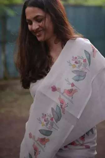 White floral printed linen cotton saree