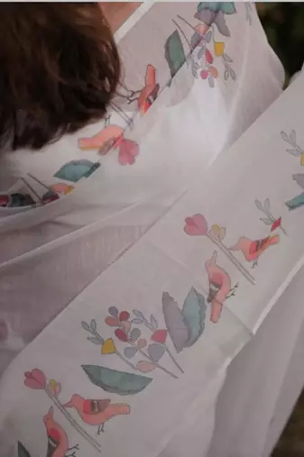 White floral printed linen cotton saree