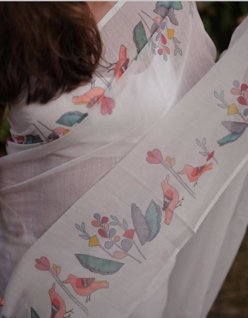 White floral printed linen cotton saree