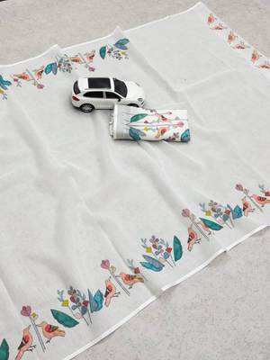 White floral printed linen cotton saree 5