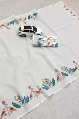 White floral printed linen cotton saree