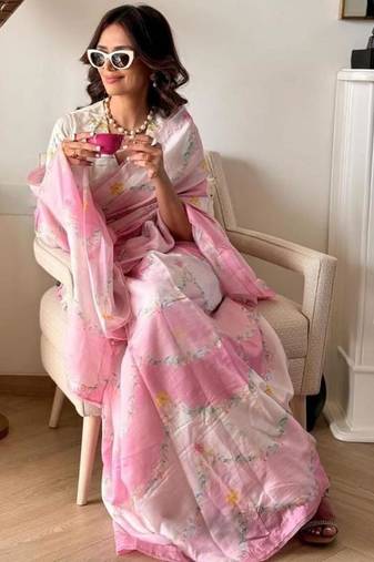 Pink floral printed linen cotton saree