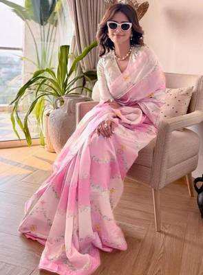 Pink floral printed linen cotton saree 2