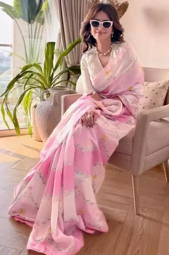 Pink floral printed linen cotton saree