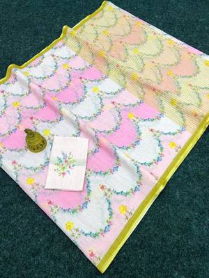 Pink floral printed linen cotton saree 3