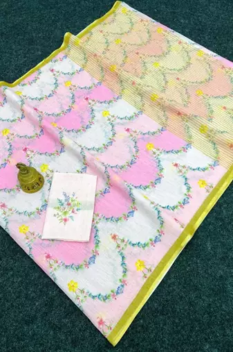Pink floral printed linen cotton saree