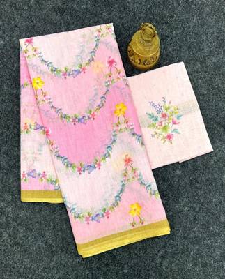 Pink floral printed linen cotton saree 4