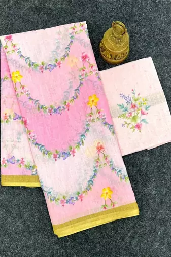 Pink floral printed linen cotton saree