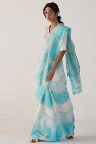 Sky blue floral printed linen cotton saree