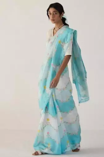 Sky blue floral printed linen cotton saree