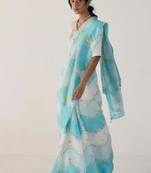 Sky blue floral printed linen cotton saree