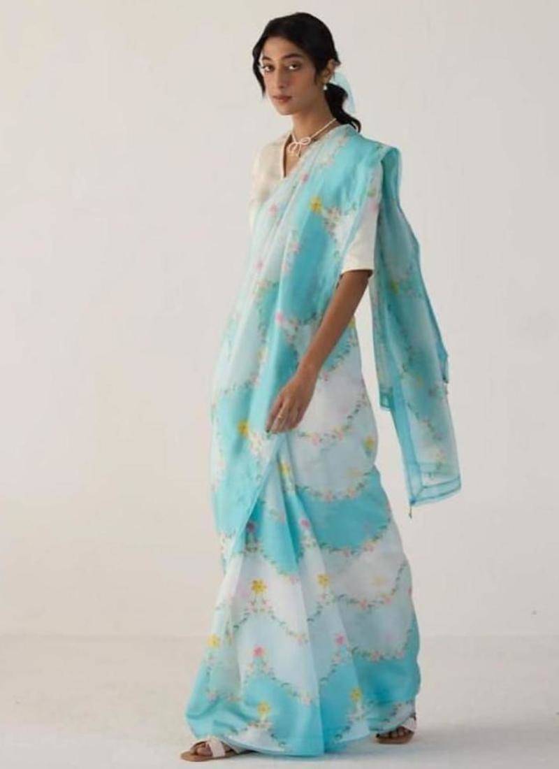 Sky blue floral printed linen cotton saree