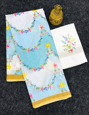 Sky blue floral printed linen cotton saree 2