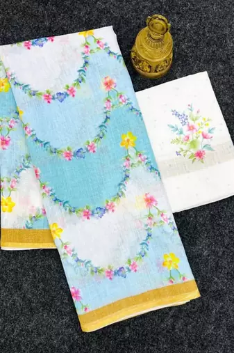 Sky blue floral printed linen cotton saree