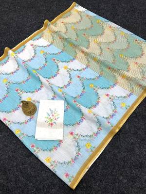 Sky blue floral printed linen cotton saree 3