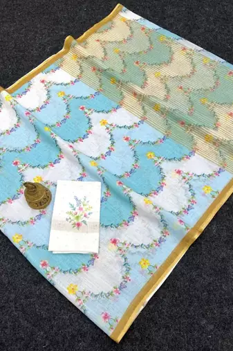 Sky blue floral printed linen cotton saree