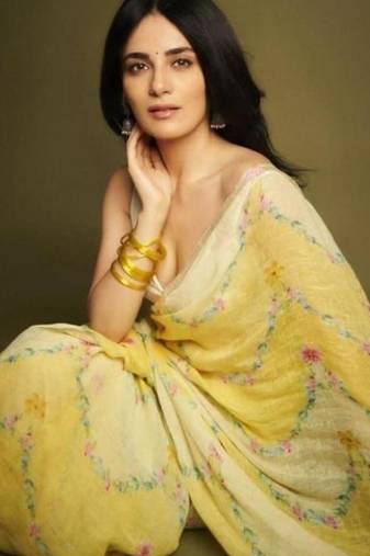 Yellow floral printed linen cotton saree