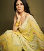 Yellow floral printed linen cotton saree
