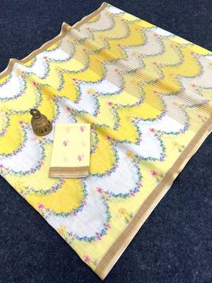 Yellow floral printed linen cotton saree 2