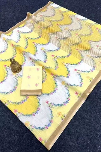 Yellow floral printed linen cotton saree