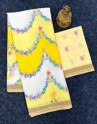 Yellow floral printed linen cotton saree 3