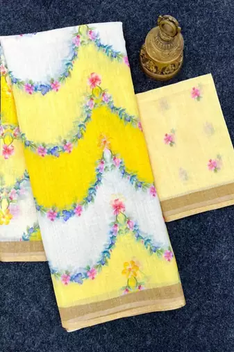 Yellow floral printed linen cotton saree