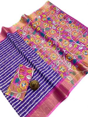 Blue floral printed linen cotton saree with pink blouse 1