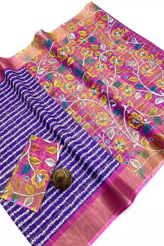 Blue floral printed linen cotton saree with pink blouse