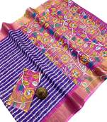 Blue floral printed linen cotton saree with pink blouse