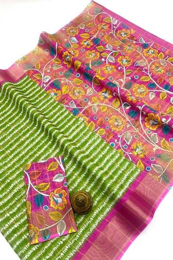 Green zigzag floral print linen cotton saree