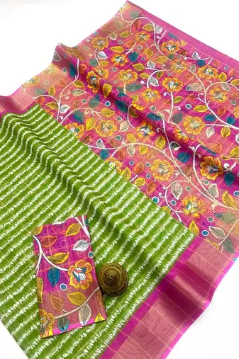 Green zigzag floral print linen cotton saree