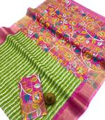 Green zigzag floral print linen cotton saree