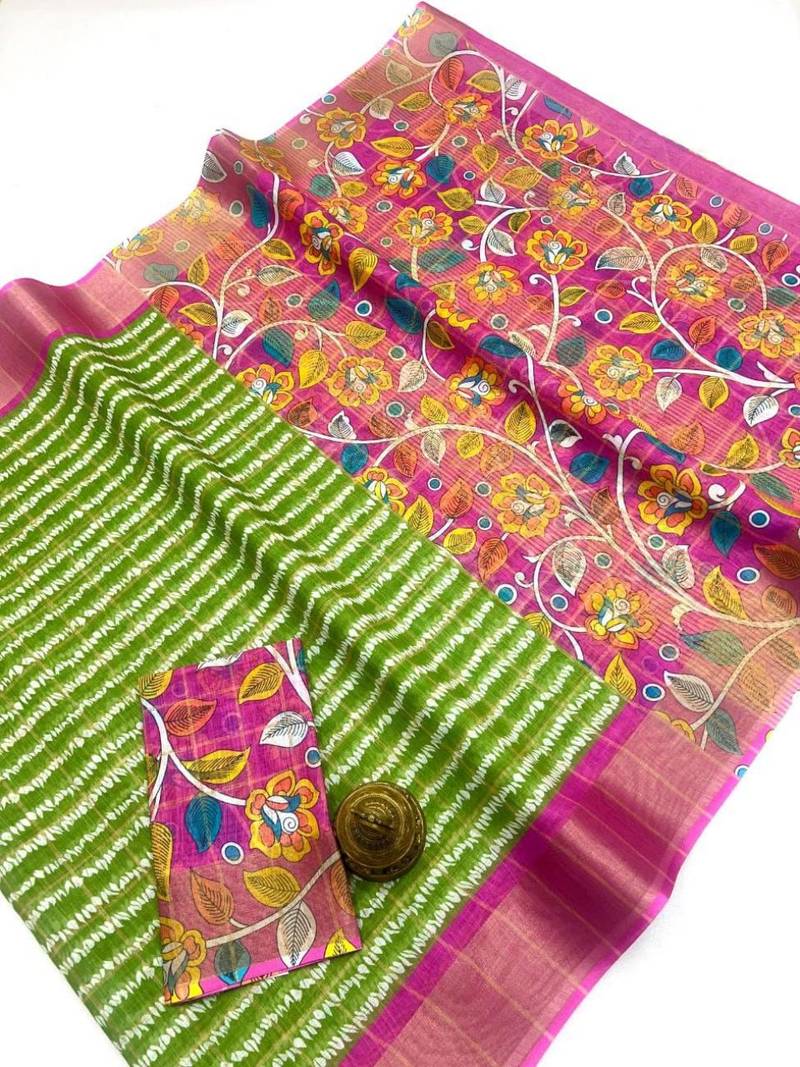 Green zigzag floral print linen cotton saree