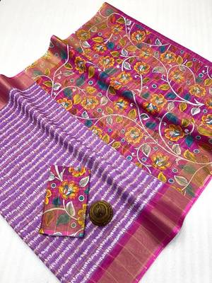 Lavender zigzag floral print linen cotton saree 1